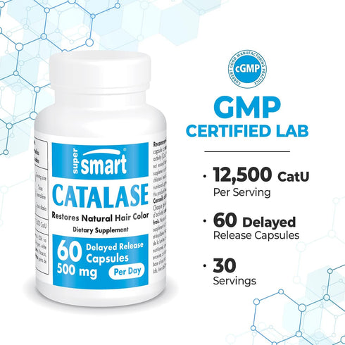 Supersmart Catalase 500mg per Day, Natural Enzyme Anti Gray Hair Supplement, 60 Delayed Release Capsules