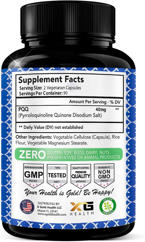 X Gold Health PQQ Supplement 40mg - 180 Veggie Capsules, Pyrroloquinoline Quinone for Mitochondrial Energy