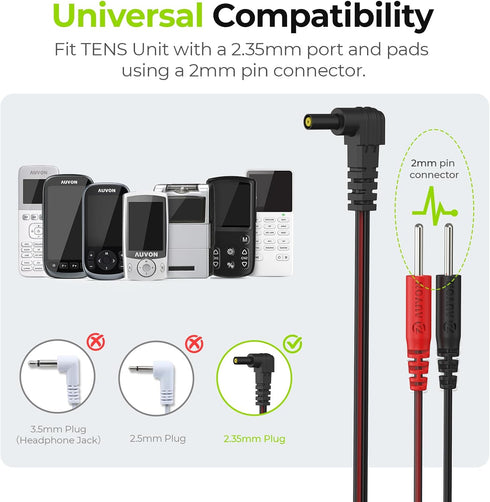 AUVON 2 x TENS Unit Electrode Lead Wires, Premium Soft TPE Material for 40,000+ Bends, Universal Compatibility