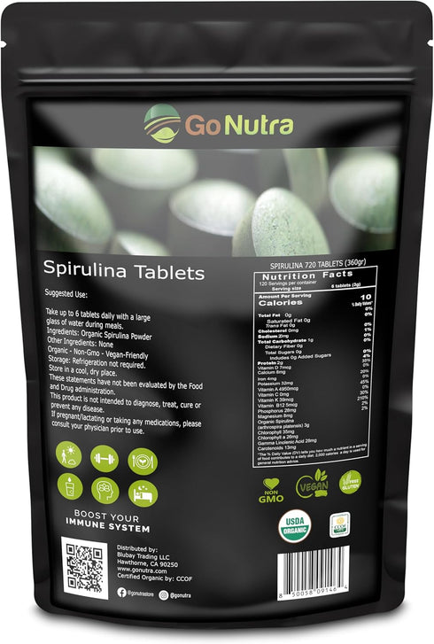 Go Nutra - Organic Spirulina Tablets, Packed with Vitamins, Minerals, Fibers, Amino Acids, Non-GMO, Vegan, 500 mg, 720