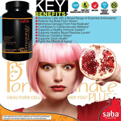Saba Pomegranate PLUS - Cellular Nutrition, Broad Spectrum of Essential Antioxidants - Support for Stress,