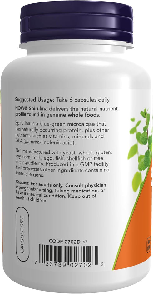 NOW Supplements, Natural Spirulina 500 mg - 120 Veg Capsules with Beta-Carotene, Vitamin B-12, Protein, and GLA
