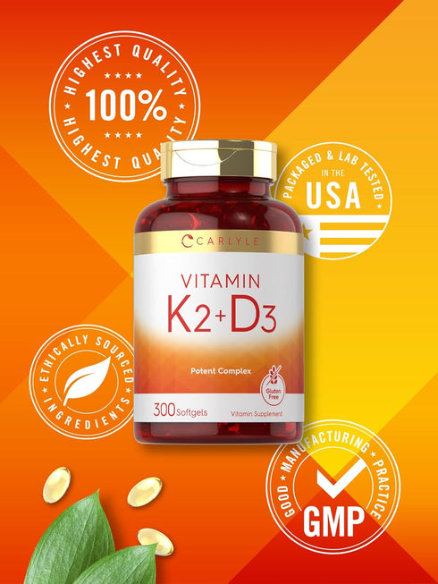Carlyle Vitamin K2 and D3 Supplement - 300 Softgels, 200mcg K2 MK7 & 250mcg D3, Non-GMO, Gluten Free