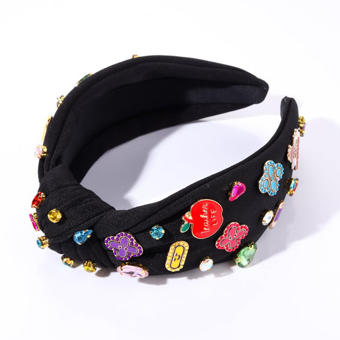 Teacher Headband Accessories, Colorful Rhinestone Crystal Jeweled Black Wide Top Knot Headband