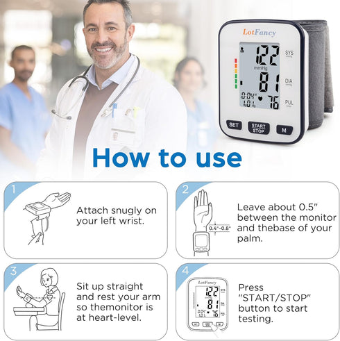 LotFancy Blood Pressure Monitor for Home Use - Digital Wrist BP Machine with Adjustable Cuff & Large LCD Display