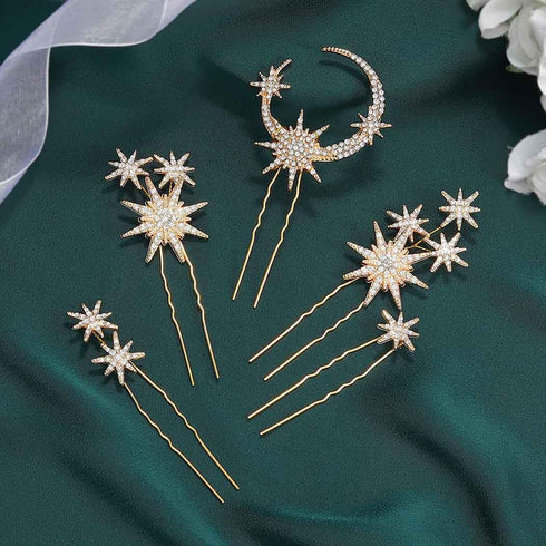 Unicra Crystal Bridal Hair Pins Pack of 5, Gold Star Moon Goddess Hair Accessories for Women and Girls
