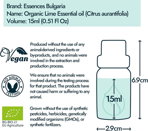 Essences Bulgaria Organic Lime Essential Oil 0.51 Fl Oz, 100% Pure Natural for Aromatherapy and Skin Care