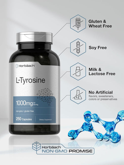Horbaach L-Tyrosine Supplement | 1000mg | 250 Capsules | Non-GMO and Gluten Free Formula