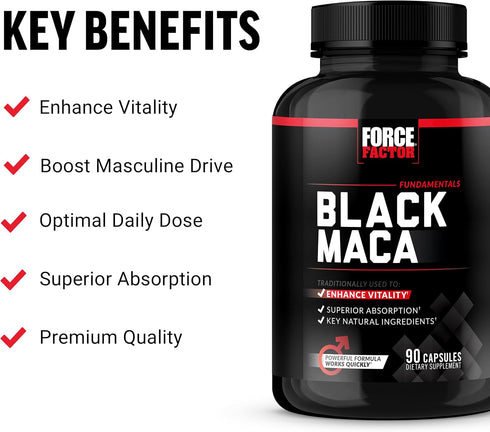 FORCE FACTOR Black Maca Root 1000mg, Vitality Supplement for Men with Black Pepper Extract for Absorption, Natural Maca Negra Extract, 90 Capsules