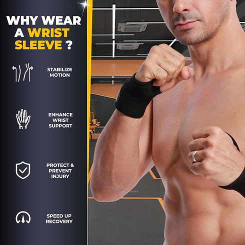NeoTech Care Wrist Band Support Wrap - Adjustable Compression Strap, Elastic & Breathable Fabric, Black Color, Size L,