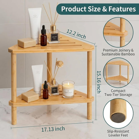 2-Tier Bamboo Corner Shower Stool with Storage Shelf, Waterproof Shower Foot Rest for Shaving Legs, Small Bathroom