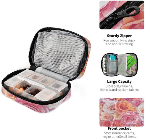 Ollabaky 7 Pill Organizer Rose Floral Travel Pill Cases Bag Portable Pill Container Days Pill Box Organizer Vitamin