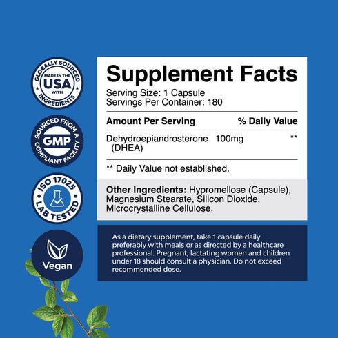 DHEA 100mg for Men and Women - Vegan High Strength DHEA Supplement for Women & Men for Enhanced Energy and Hormone Balance for Women & Men - Men and Womens Hormone Balance Supplement (6 Month Supply)