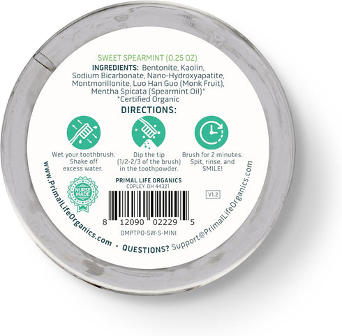 Primal Life Organics Dirty Mouth Toothpowder, 0.25 oz, Organic Vegan, Sweet Spearmint, 200+ Brushings