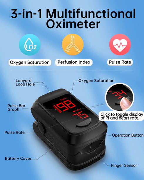 Mini Fingertip Pulse Oximeter, Oxygen Saturation Monitor for SpO2/Heart Rate/PI, Auto Graph Display