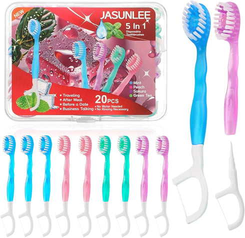 JASUNLEE 20Pack Mini Disposable Toothbrushes with Toothpaste Tongue Scraper Floss Pick 5-in-1 Portable