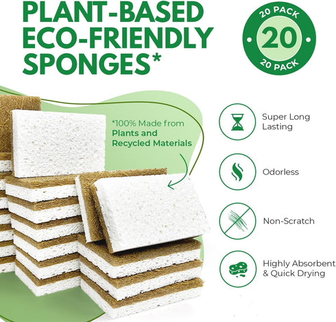 20 Pack Biodegradable Natural Kitchen Sponge - Compostable Cellulose and Coconut Walnut Scrubber Sponge - Eco Friendly Sponges for Dishes by AIRNEX