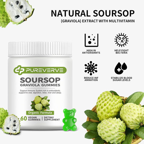 Pureverve Gummies, Immunity, 60 Soursop Graviola Max Strength Soursop Leaves Extract with Sea Moss & Zinc for Cell