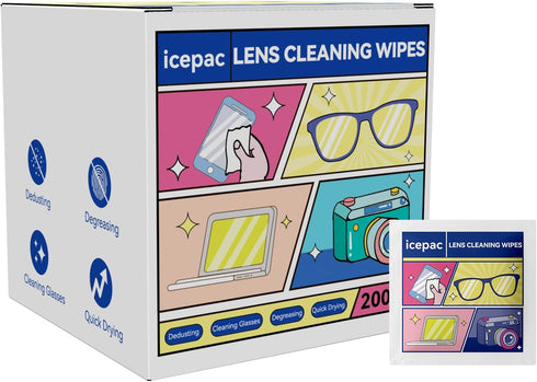icepac (white-200) Glasses Wipes Lens Cleaner- -Moistened Individual Wrapped Eye Glasses Cleaning Wipes | Glasses
