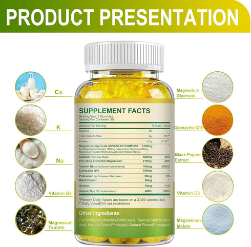 Magnesium Glycinate Gummies 400mg - Sugar Free Magnesium Taurate, Malate with Vitamin D, B6, CoQ10, 120 Gummies