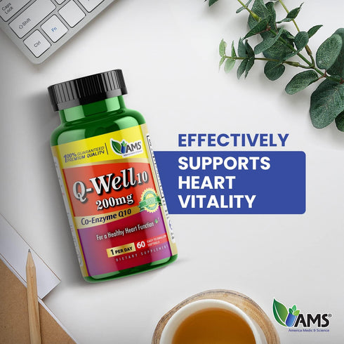 Q-Well-10 (60 Count) CoQ10 200mg Q10 America Medic & Science | Softgels | Nutritional Supplement with Coenzyme