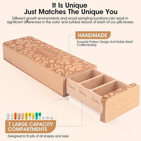 OYTKWU 1 7 Wooden Weekly Pill Organizer time a Day -Daily Pill Box, Travel-Friendly, Safe Travel Day Pill Organizer