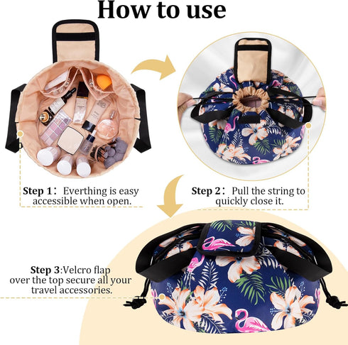 Large Barrel Drawstring Makeup Bag, Portable Cosmetic Organizer for Travel Accessories and Hair Products (Flamingo Dark