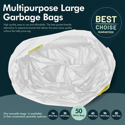 PAMI 13-Gallon Tall Kitchen Drawstring Trash Bags, 50-Pack, White, Extra-Strong Plastic Liners for Kitchen