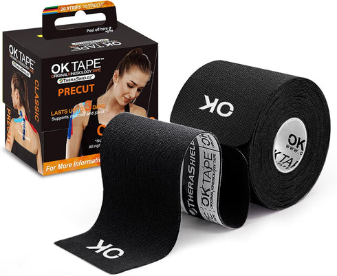 OK TAPE Kinesiology Tape 10 inches Precut, 20 Strips, Cotton Elastic Athletic Tape, Latex Free, Black