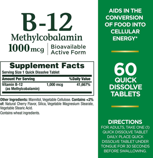 Nature's Bounty Vitamin B-12 Quick Dissolve Tablets, 1000mcg, Aids in The Conversion of Food into Cellular Energy, Cherry Flavor, 60ct