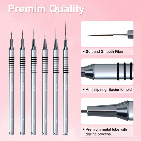 Nail Art Liner Brushes - 6Pcs Painting Brush Set for Long Lines, Thin Details, Fine Drawing Sizes 5/7/9/11/20/25mm