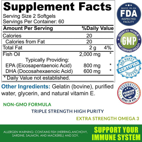 Omega 3 Burpless Max Strength Fish Oil Supplement, 2000 mg with Vitamin E, 120 Small Liquid Softgels