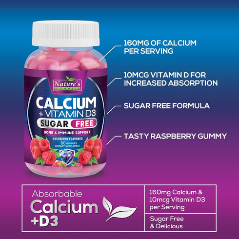 Sugar Free Calcium Gummy Bites Plus 400 IU Vitamin D3, 60 Gummies, Bone Health & Immune Support, Non-GMO, Berry Flavor
