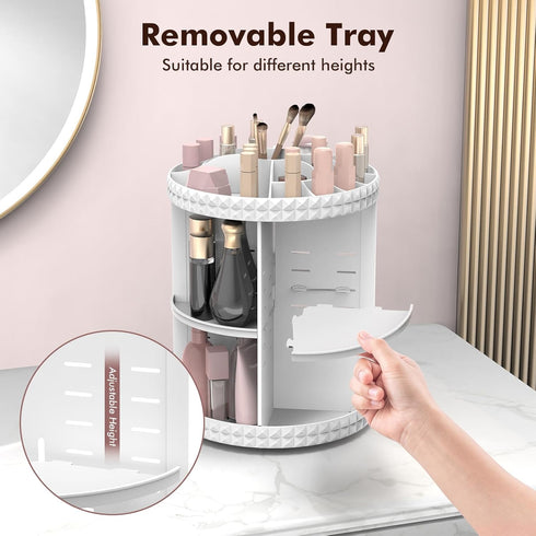 Rotating Makeup Organizer, 360° Spinning Skincare Organizers, Adjustable Medium Cosmetic Storage, White