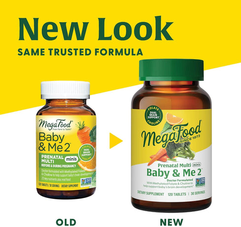 MegaFood Baby & Me 2 Prenatal Vitamin & Minerals - 120 Mini Tabs with Folate, Choline, Iron, Iodine