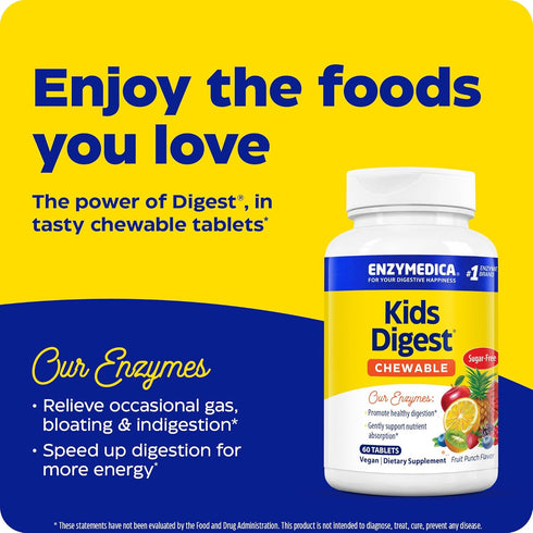 Enzymedica Kids Digest, Chewable Digestive Enzymes, Natural Fruit Punch Flavor, 60 Servings