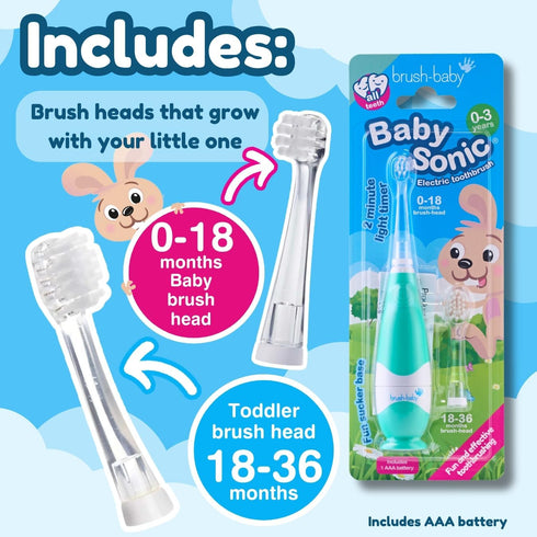 brush-baby BabySonic Electric Toothbrush for Ages 0-3 Years, Teal - Smart LED Timer & 2 Sensitive Brush Heads