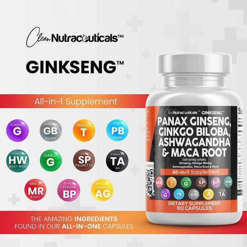 Clean Nutraceuticals Panax Ginseng 10000mg, Ginkgo Biloba 4000mg, Ashwagandha, Maca Root 3000mg - Focus Supplement