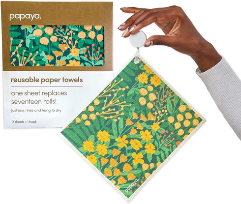 Papaya Reusable Paper Towels 2-Pack: 2 Sheets + 1 Hook, Quick Drying, Washable Kitchen Cloth, Eco Friendly Gift