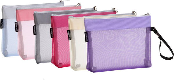 Sea Team 6pcs Multicolored Portable Travel Toiletry Pouch, Nylon Mesh Cosmetic Makeup Organizer Bag