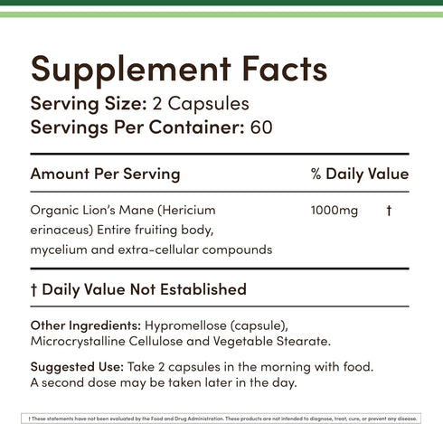 Organic Lions Mane Mushroom Capsules, 120 Count, for Brain Support and Immune Health, by Double Wood