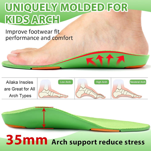 Ailaka Kids Orthotic Cushioning Arch Support Shoe Insoles for Flat Feet and Heel Pain Relief