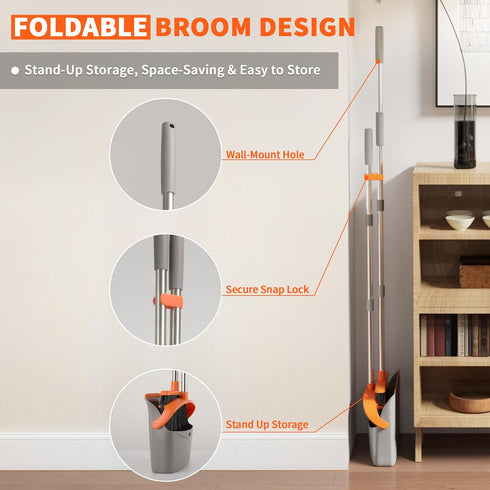 Set, 52" Upgraded Broom and Dustpan Long Handle Standing Combo with Self-Cleaning Teeth Perfect for Pet Hair, Kitchen