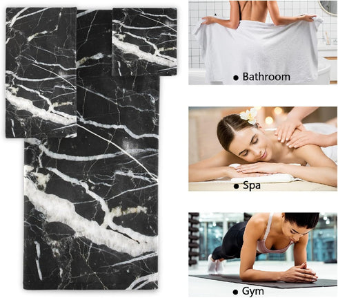 Naanle 3 Set Set 1 1 1 Pack 3 Black and White Marble Towel Piece Bath Towels for Bathroom Highly Absorbent Cotton