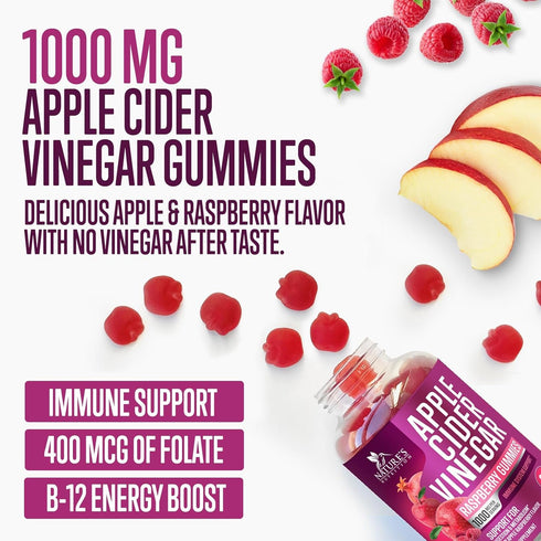 Vegan Apple Cider Vinegar Gummies 1000mg, 60 Count, Non-GMO for Detox, Digestion & Gut Health Support