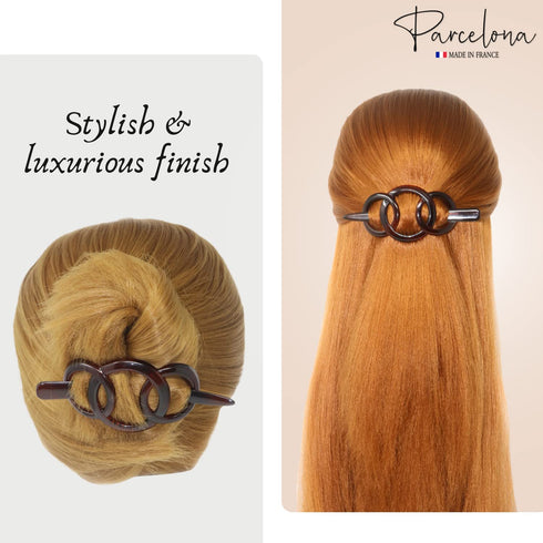 Parcelona French Triple Ringed 3.5" Celluloid Hair Slider Pin Thru Holder Barrette for Women, Tortoise Shell