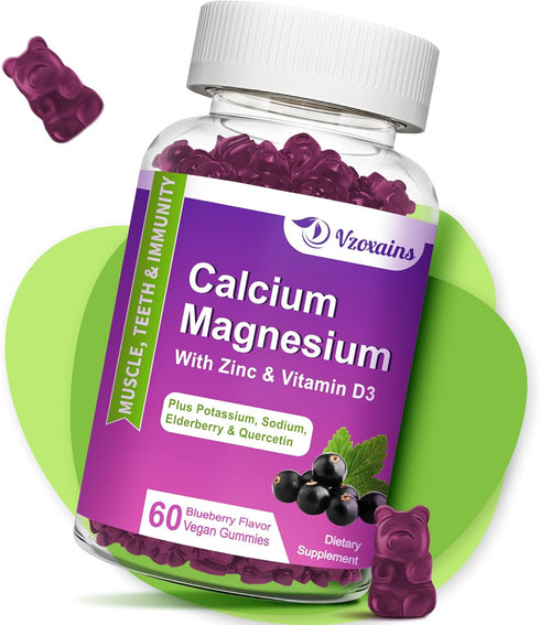 High Absorption Calcium Magnesium Zinc Gummies, 60 Vegan Sugar Free Gummies for Bone Strength