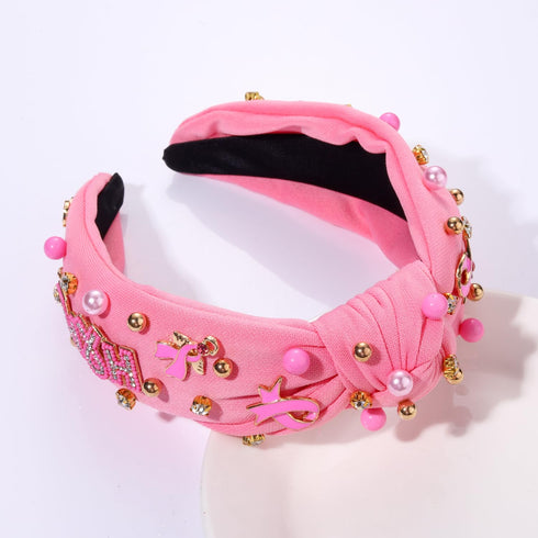 Pink Headband Pearl Crystal Hope Ribbon Knotted Headband Hair Accessories for Women (Beaded Hope)