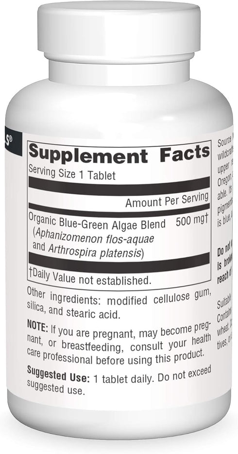 Source Naturals Blue Green Algae from Klamath Lake, Algae Superfood Supplement, 500 mg, 100 Tablets