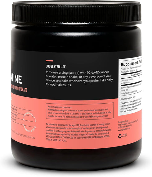 Micronized Creatine Monohydrate Supplement by LEGION - Unflavored Clean Creatine Powder for Muscle Gain (60 Servings)